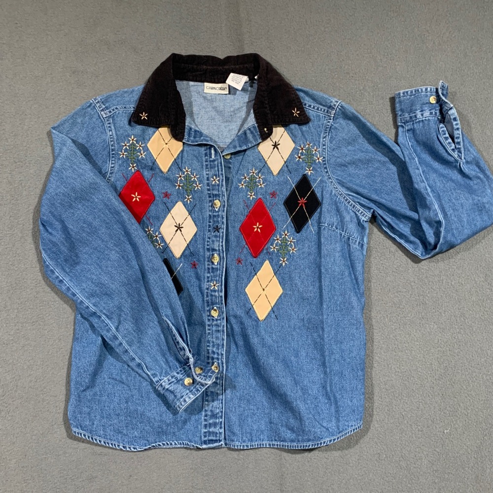 Rare Vintage Womens Argyle Denim Shirt‎ Corduroy Collar Embroidered Beaded PM